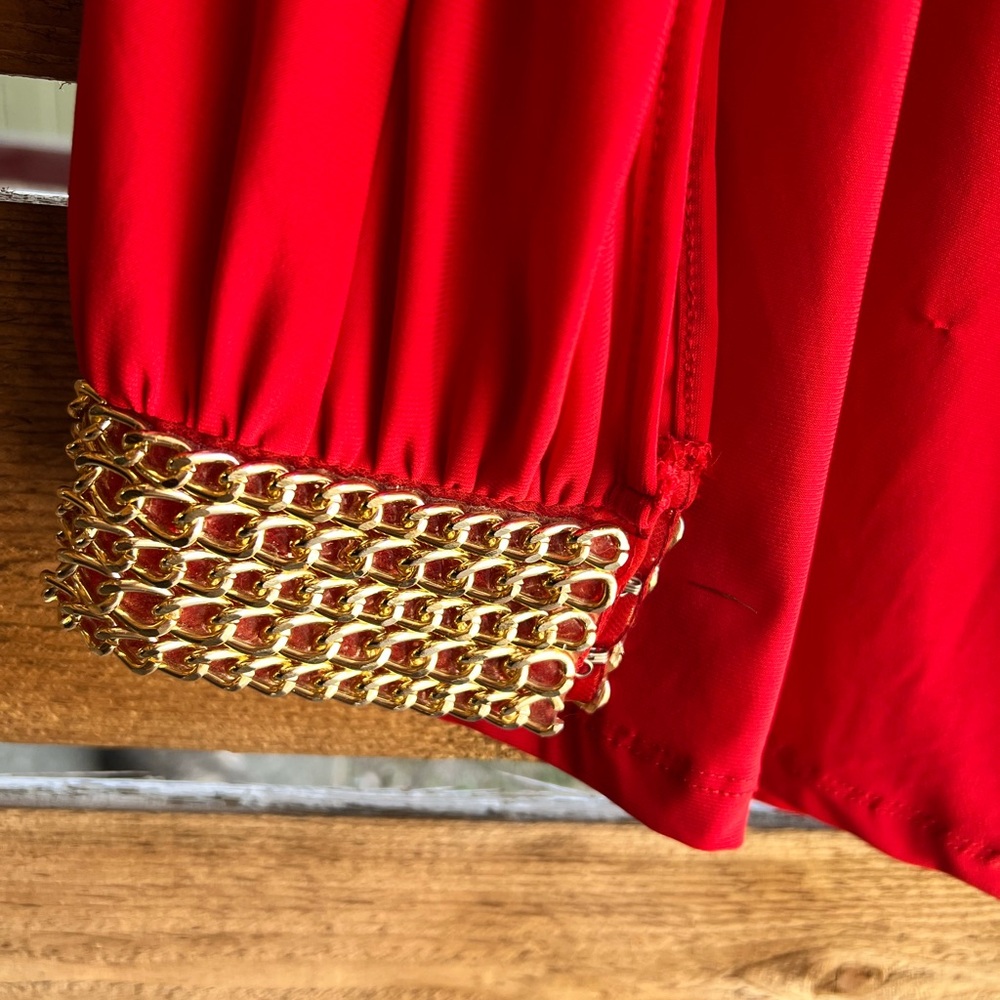 “Red Off Shoulder Blouse 3X Plus Size with Gold Chain Cuff Detail” - Picture 4 of 10
